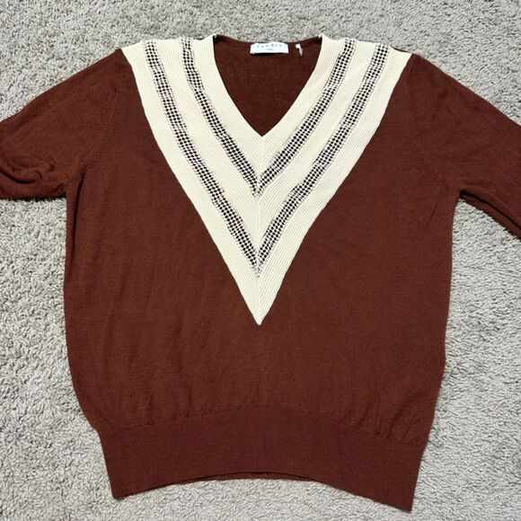Sandro Paris Brown Open Knit V-Neck Sweater, Size FR 1 (US 4) - Picture 3 of 10